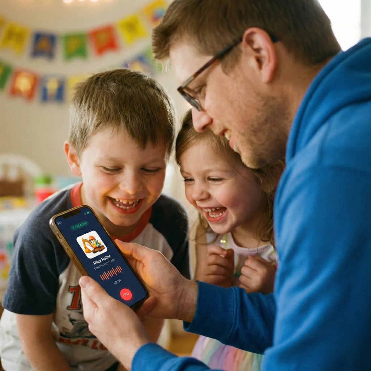 A family laughing together while their kids talk to Riley Roller on the phone